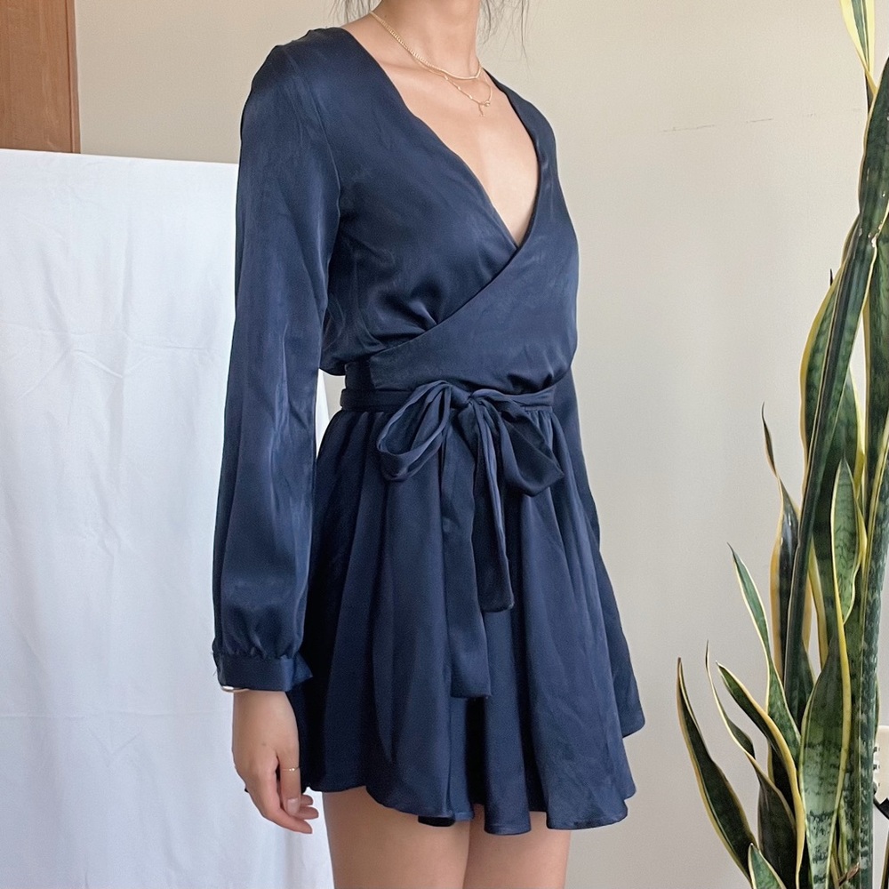 Satin Navy Wrap Mini Dress - Lioness XS